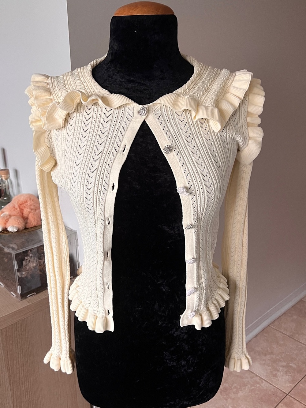 Zara Cream Ruffle-Trim Knit Cardigan